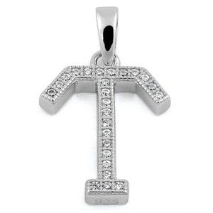 Sterling Silver Letter T CZ Initial Pendant